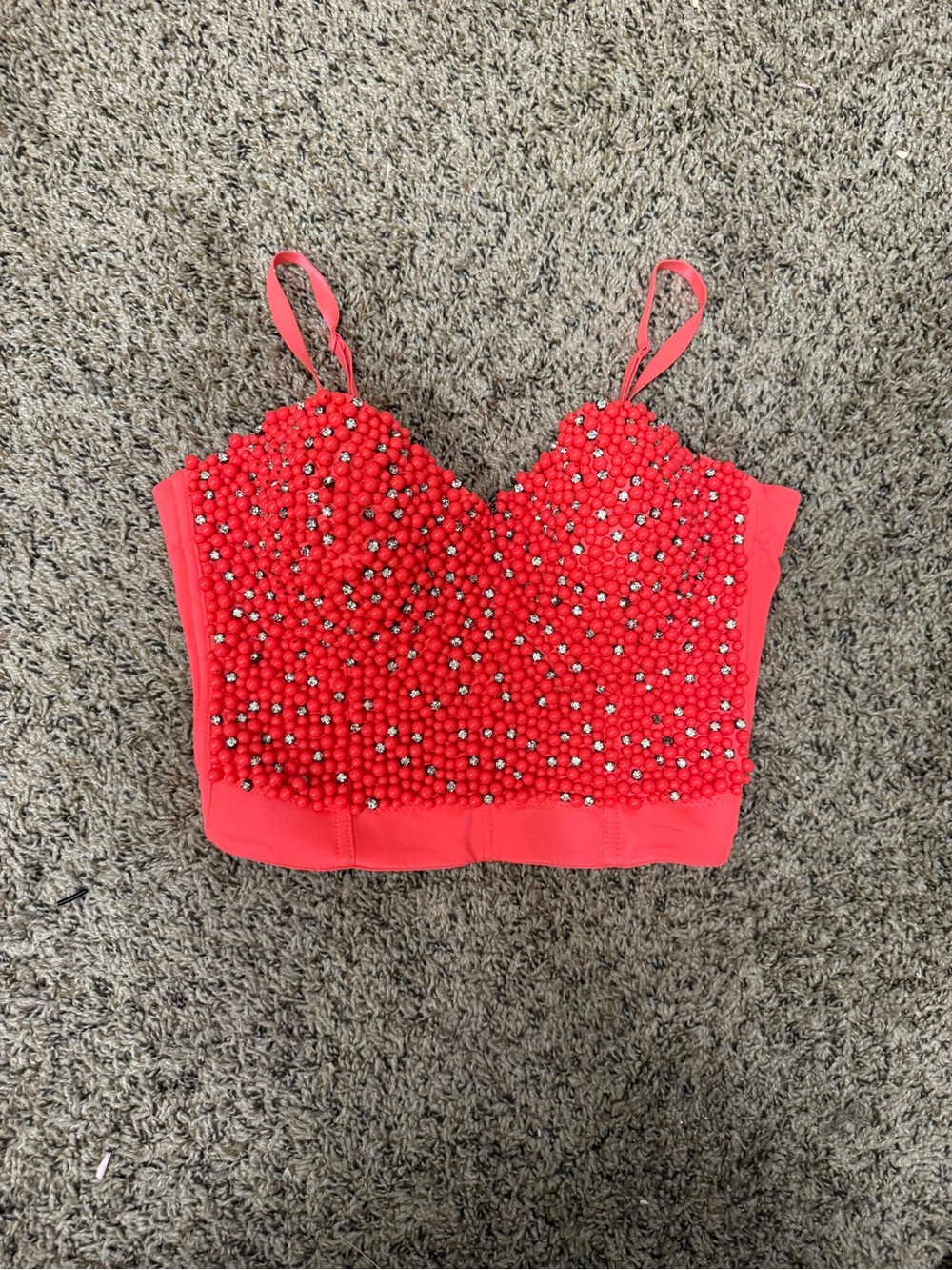 Embellished Red Beaded Crop Bustier Top